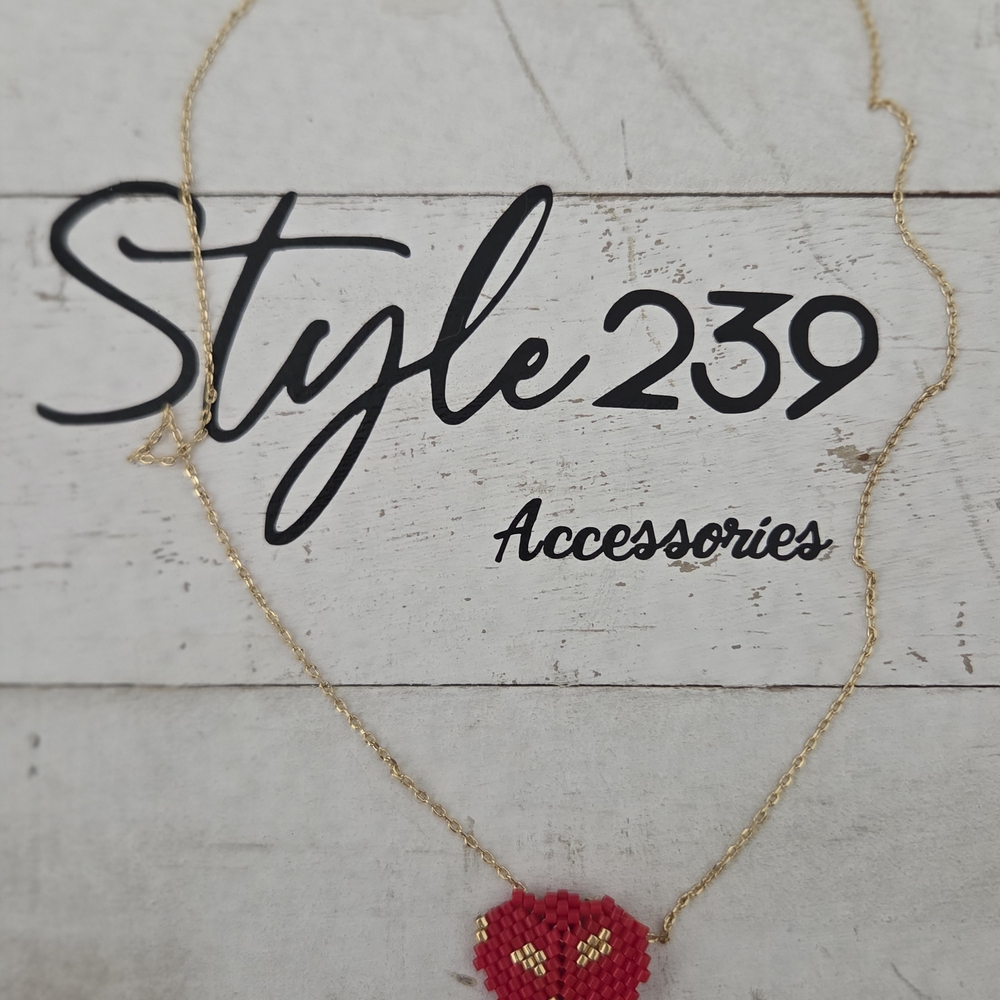 18kt Gold Plated Adjustable Necklace with Red and Gold Miyuki Heart Pendant